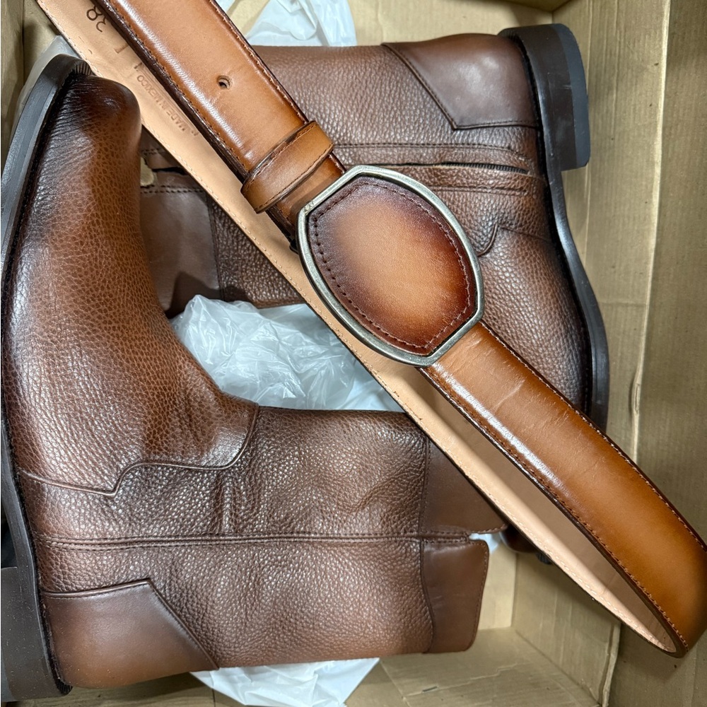 Men's Brown Leather Boots and Belt Set